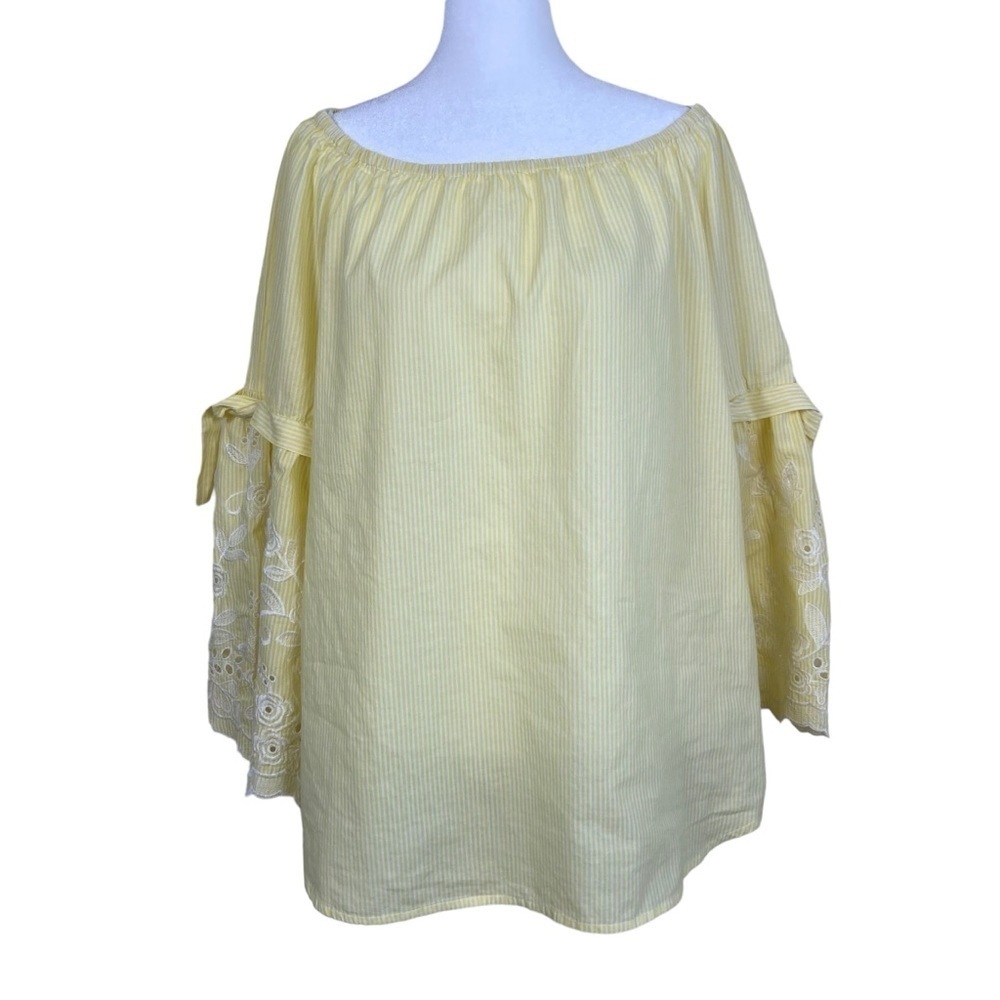 Fever Boho Peasant Blouse with Embroidered Bell Sleeves Yellow White Striped L - Picture 2 of 16